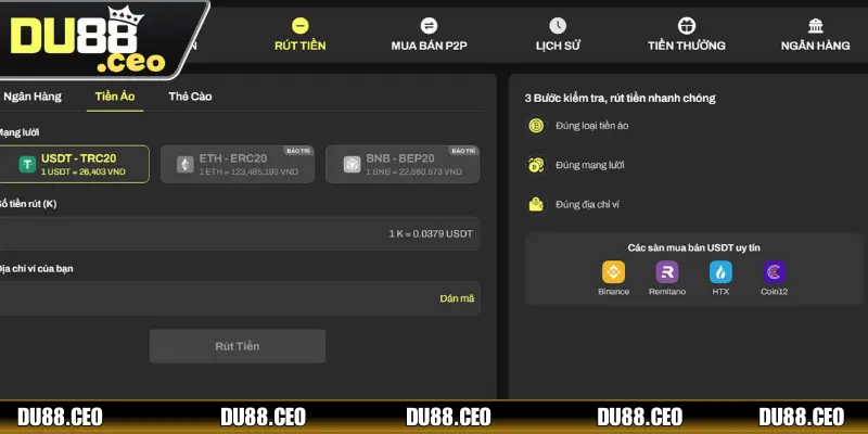Đa dạng phương thức rút tiền DU88 nhanh chóng